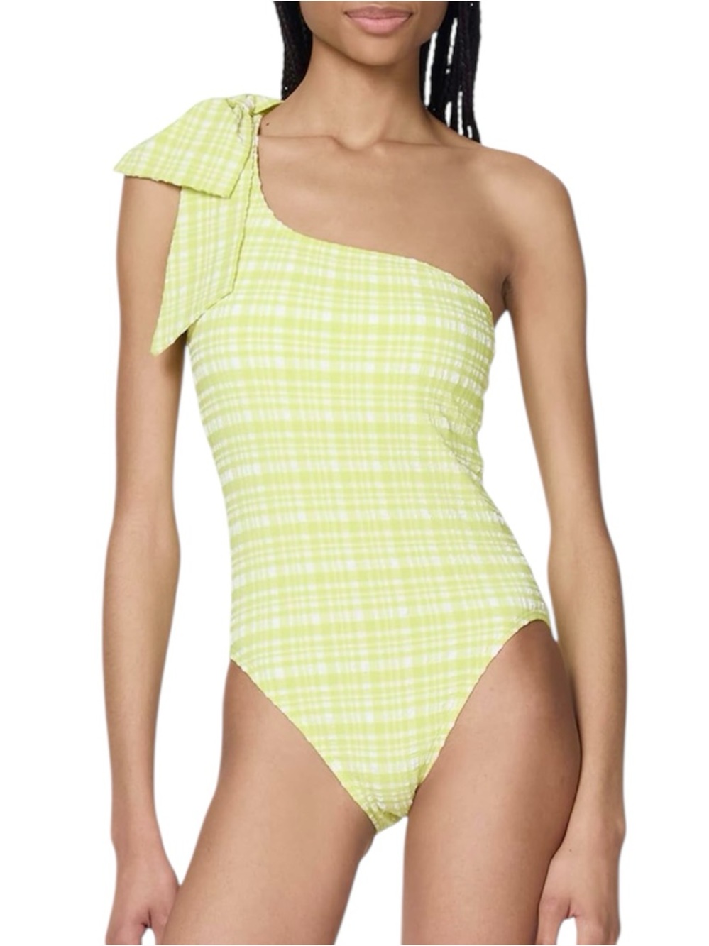 KATE SPADE New Mio One Shoulder Bow One Pce Swimsuit Green Yellow Textured Large